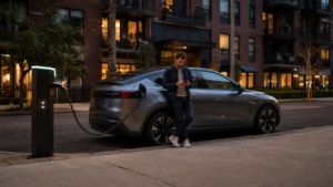 Electric crossover parked at a public charger near an apartment building at dusk