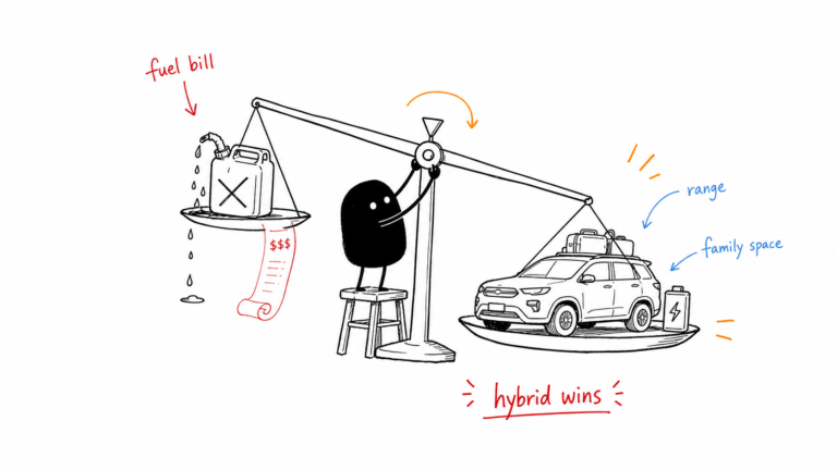 Ian Xiaohei illustration of a hybrid SUV decision scale for family buyers