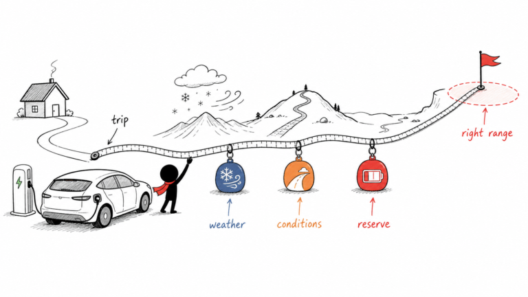 Xiaohei measures an EV trip while weather, road conditions and reserve affect the required range