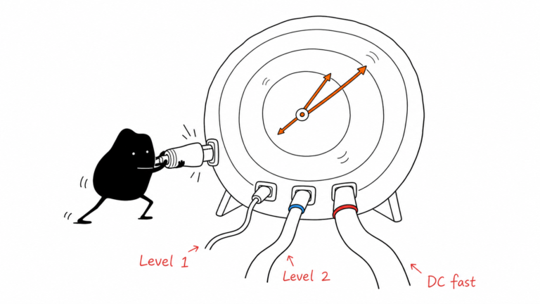 Xiaohei comparing three clocks connected to Level 1, Level 2 and DC fast EV chargers