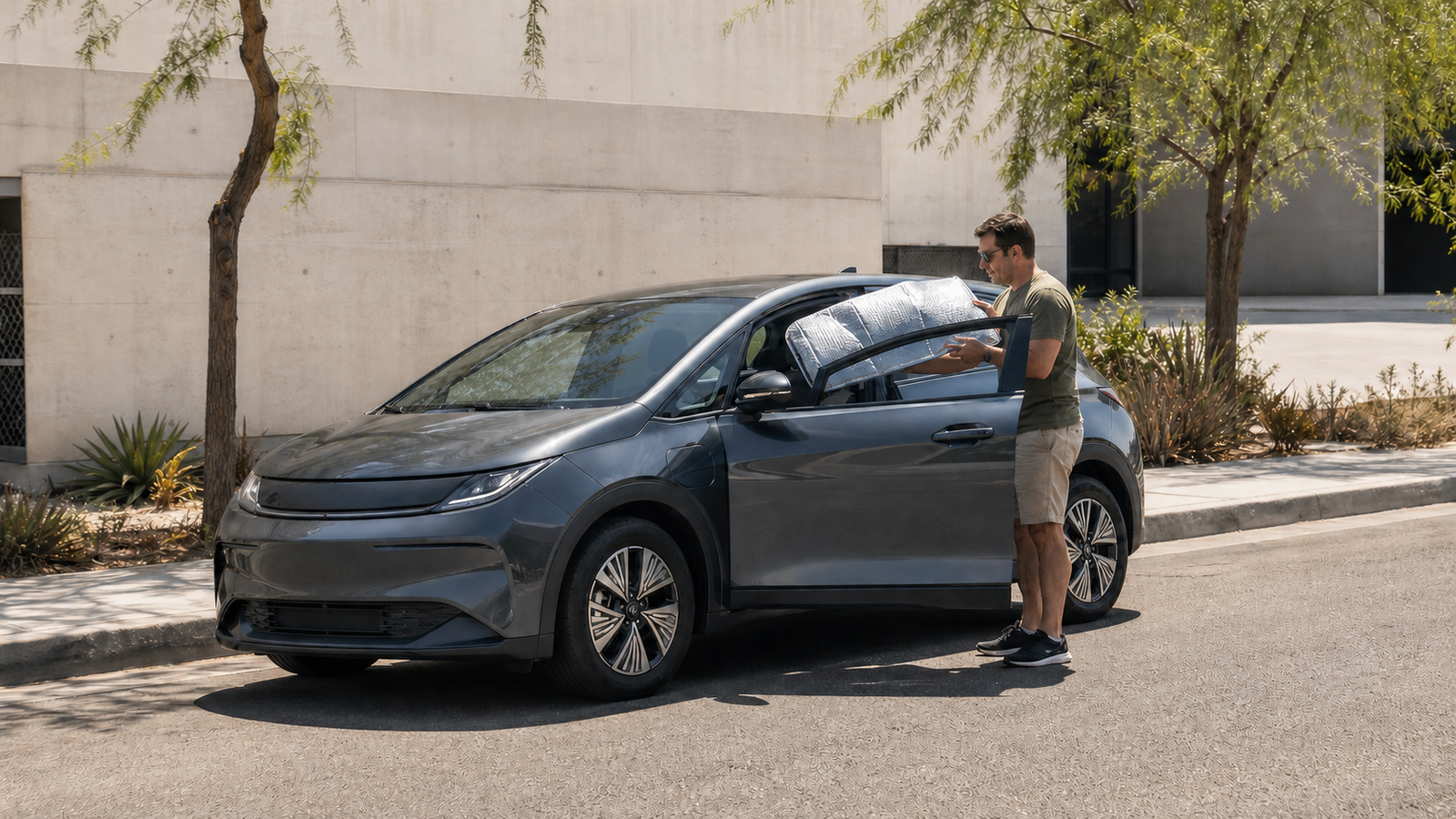 Photorealistic generic electric car cooling after being parked in intense summer sun near a city street