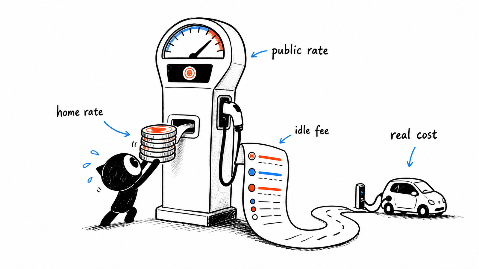 Xiaohei feeding coins into a public EV charger while comparing home rate, public rate and idle fee