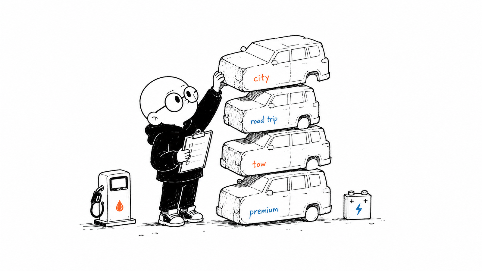 Ian Xiaohei illustration stacking hybrid SUV choices by city road trip towing and premium use cases