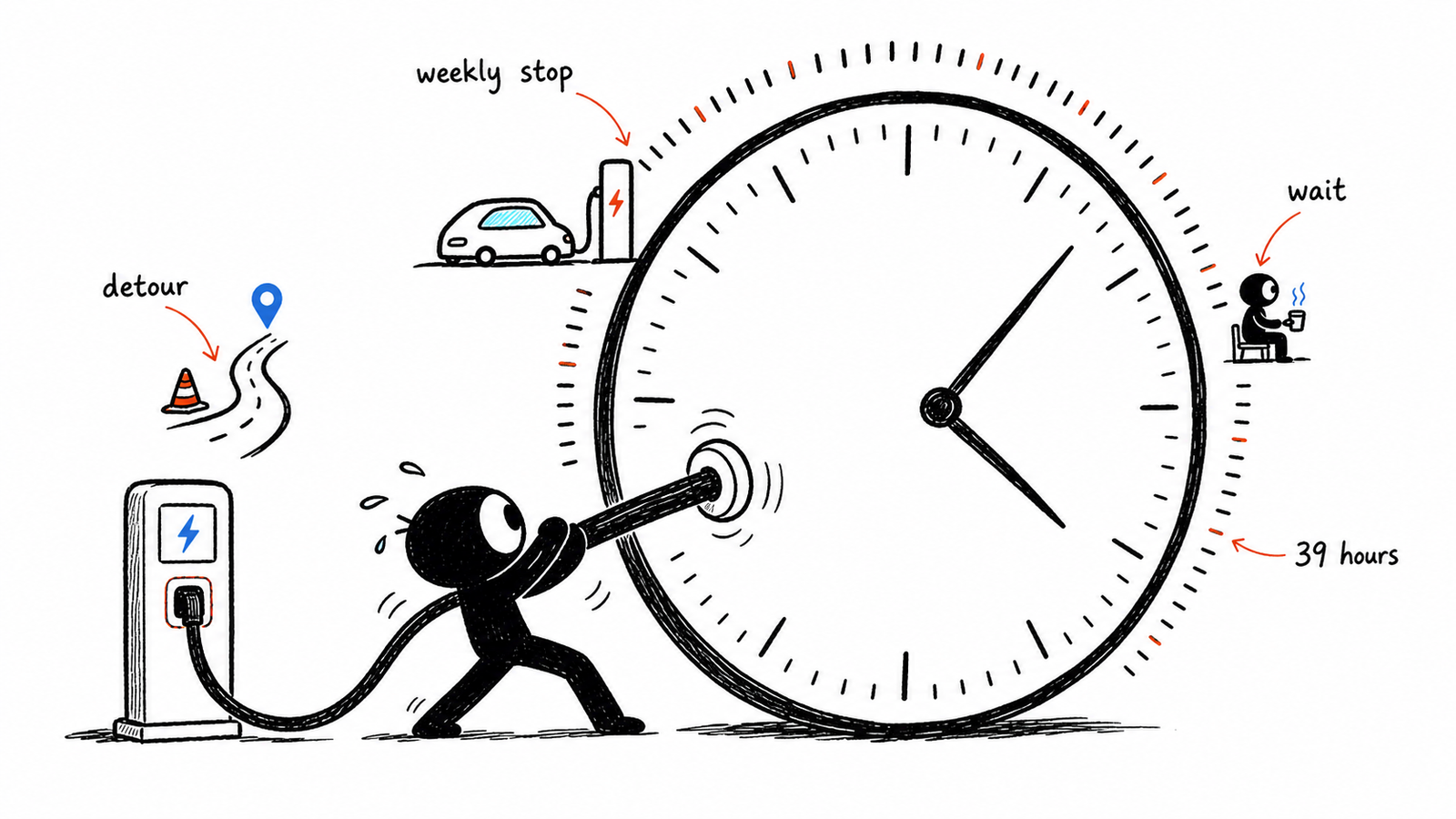 Xiaohei winding a large clock with an EV charging cable to show the weekly charging time tax