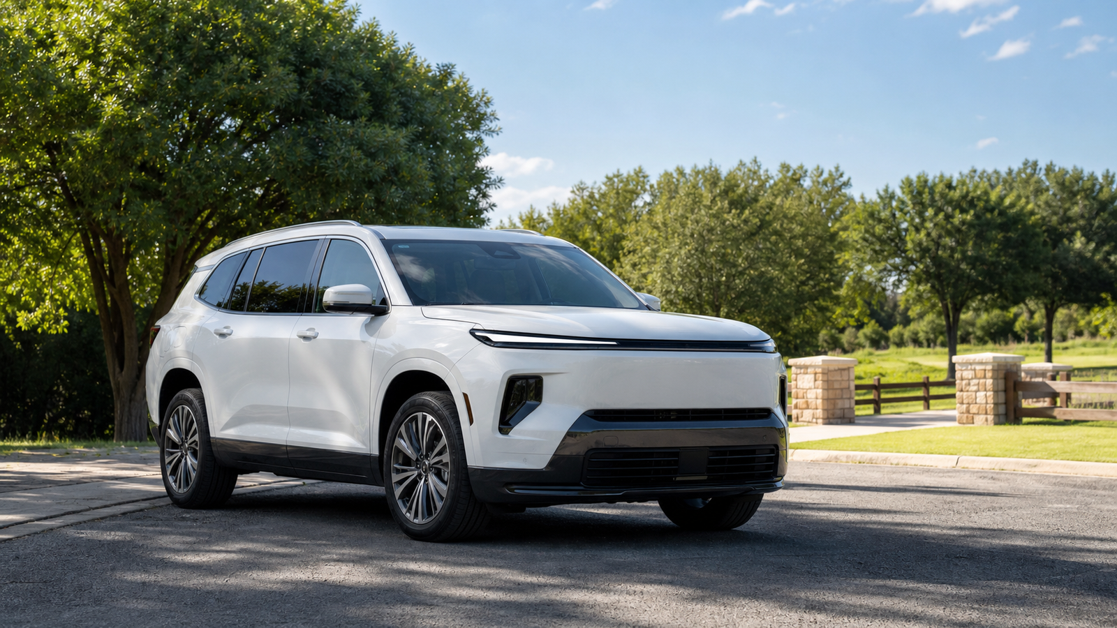 Bright realistic unbranded three-row hybrid-style family SUV on a sunny suburban road