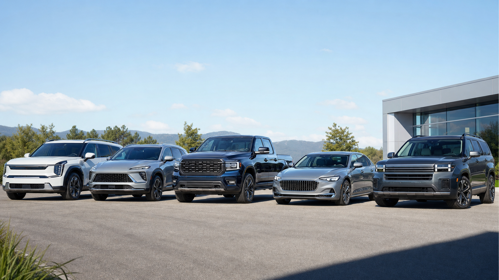 Bright realistic lineup of unbranded 2027-style SUVs, pickup truck and luxury sedan outside a dealership