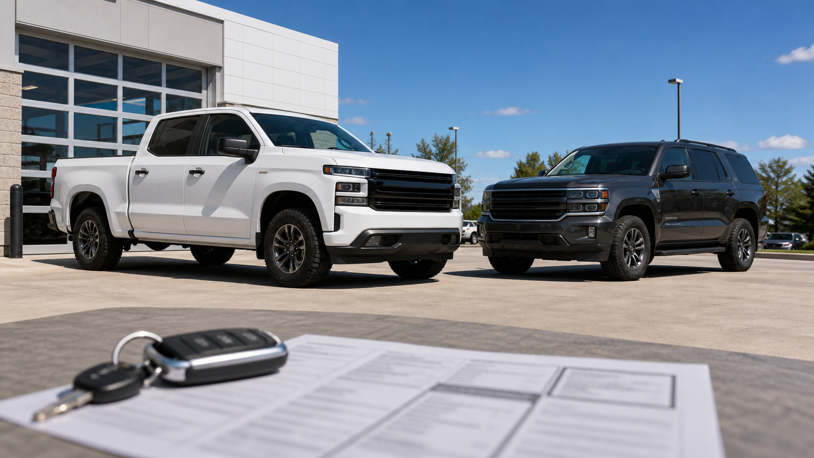 Bright realistic unbranded pickup truck and SUV near a dealership with blurred buying paperwork in foreground
