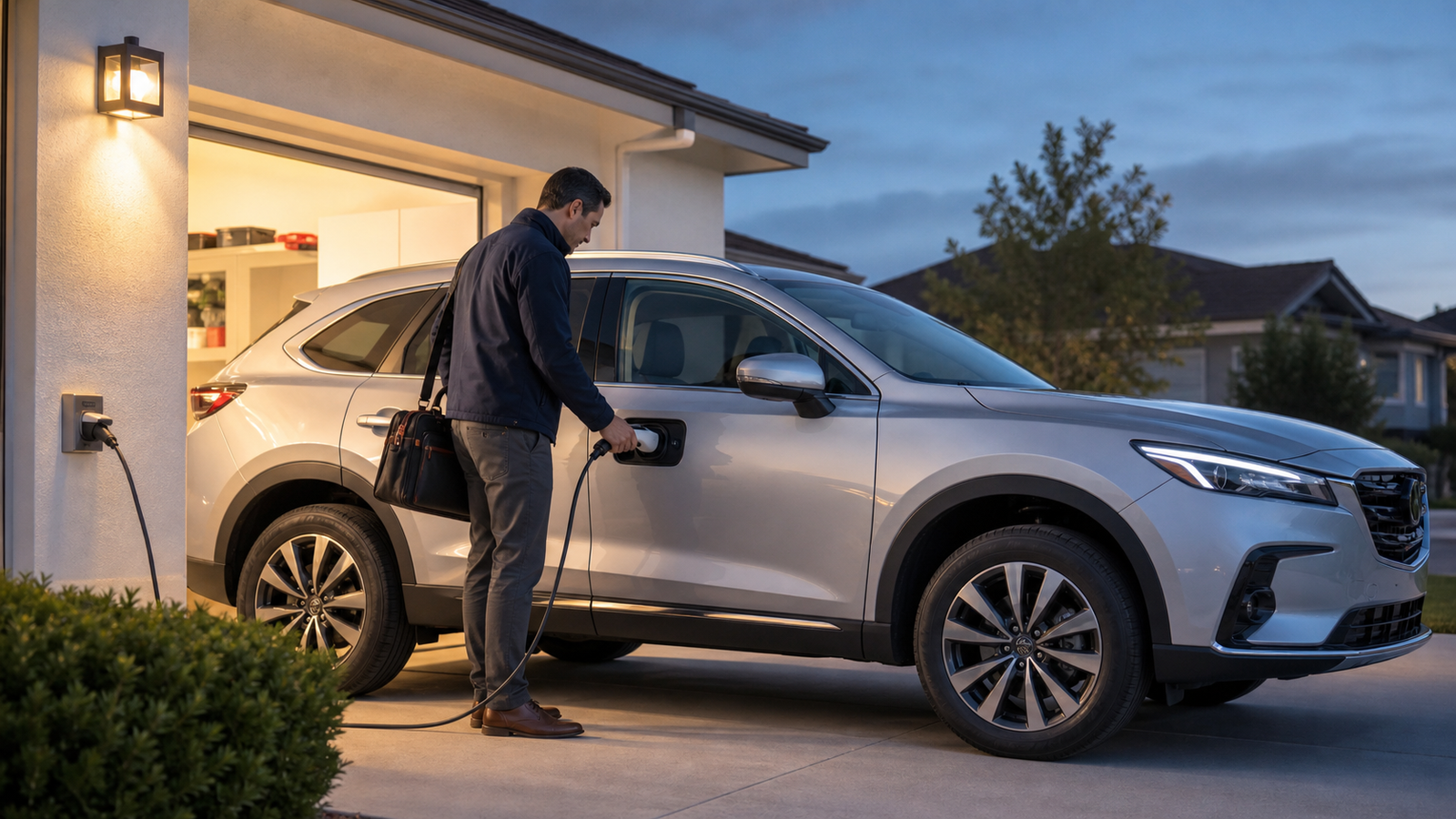 Driver plugging a generic plug-in hybrid crossover into a home charger after work
