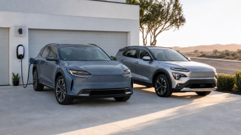 Plug-in hybrid and electric crossovers on a home driveway, with the EV charging