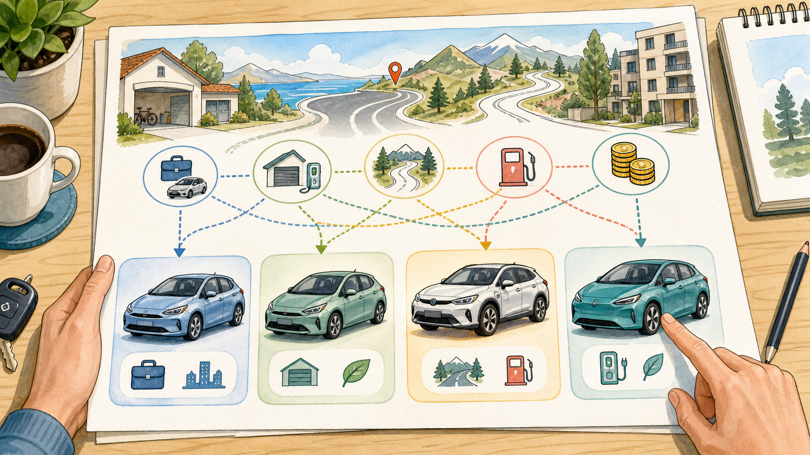 Bright hand-drawn decision map illustration for choosing gas hybrid plug-in hybrid or electric car