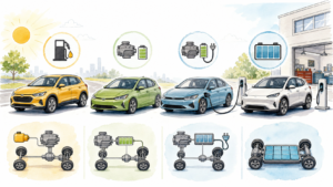 Bright hand-drawn illustration comparing gas hybrid plug-in hybrid and electric car powertrains