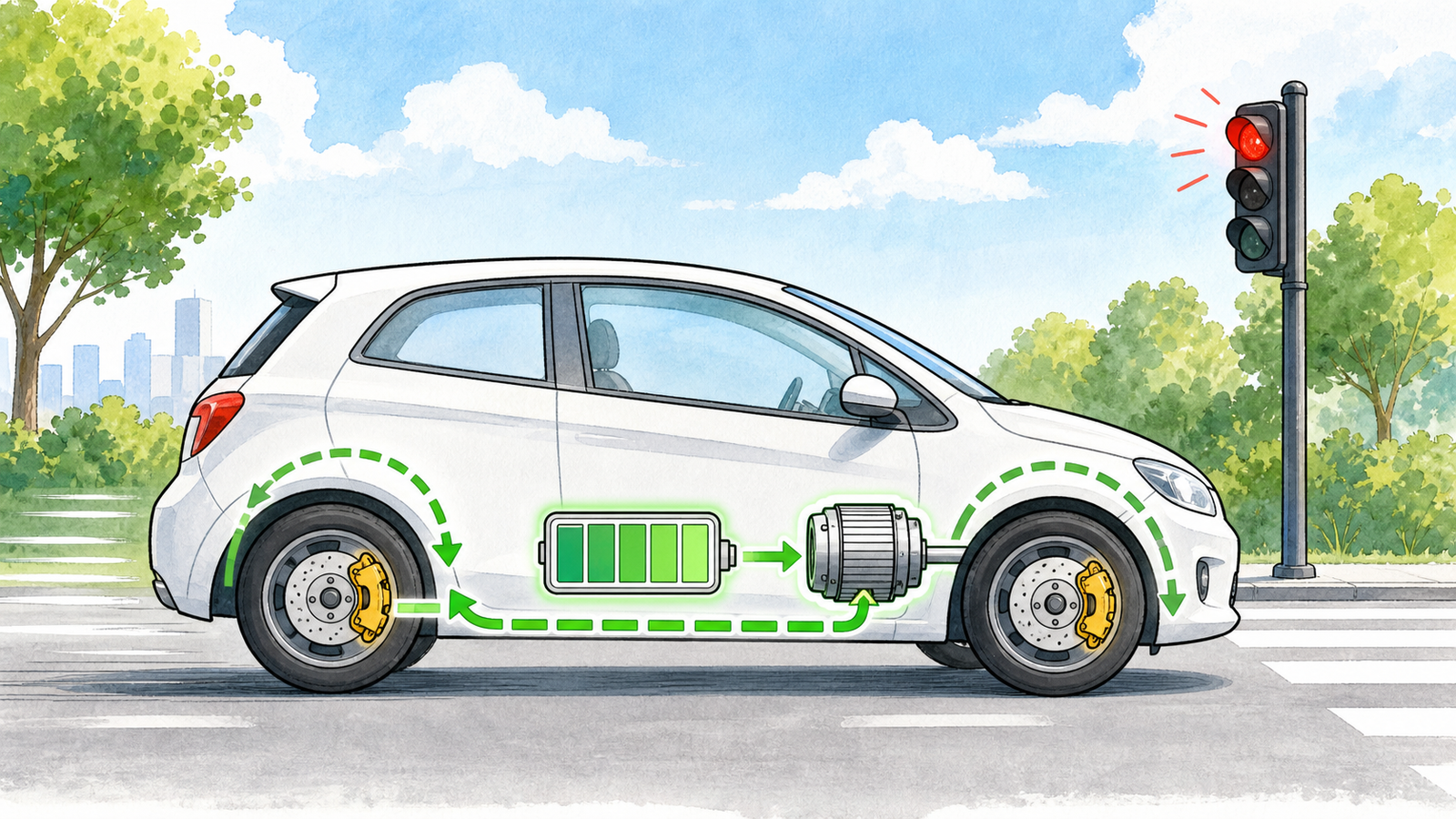 Bright hand-drawn illustration showing regenerative braking sending energy from wheels back to a battery