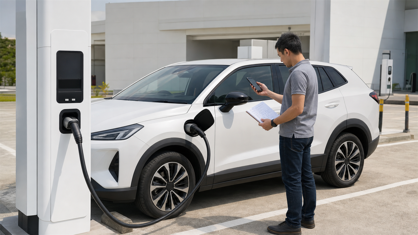 Prospective used EV buyer recording a DC fast-charging test beside a generic electric crossover