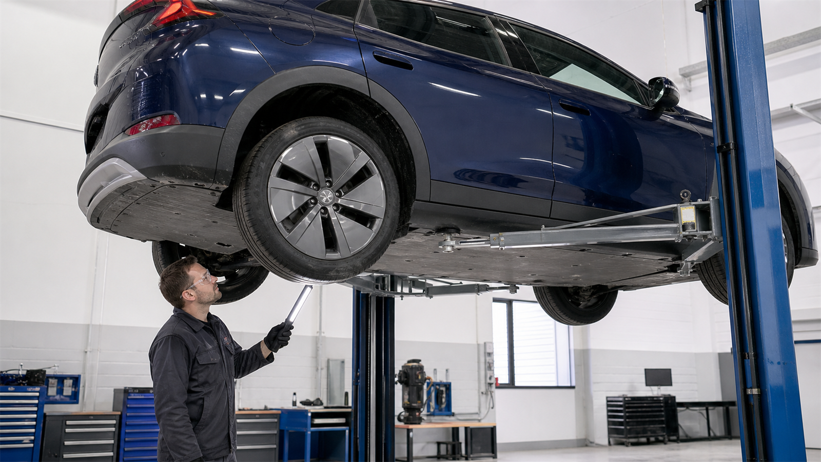 EV-qualified technician inspecting the underside and battery enclosure of a used electric car