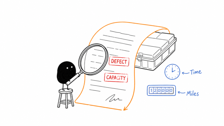 Xiaohei inspecting an EV battery warranty for defects, capacity, time and mileage