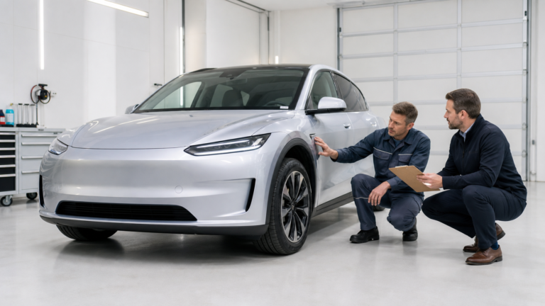 Insurance adjuster and repair technician examining a generic electric crossover in a bright repair bay