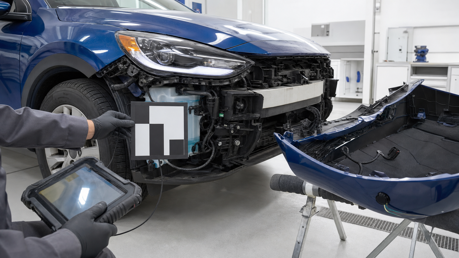 Technician inspecting sensors and wiring behind the bumper of a generic electric crossover