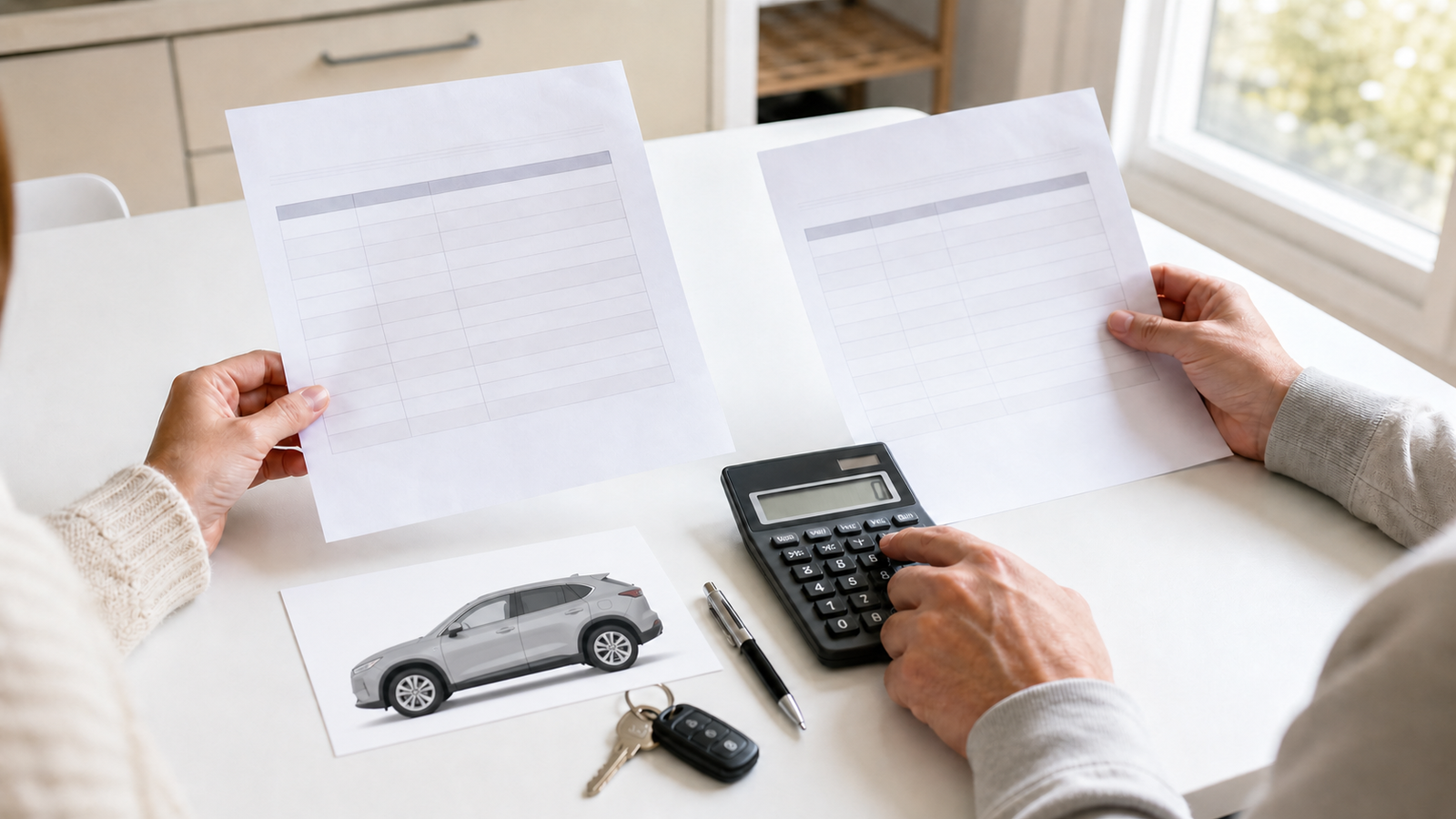 Household comparing two insurance quotes and calculating the ownership cost of a generic electric crossover
